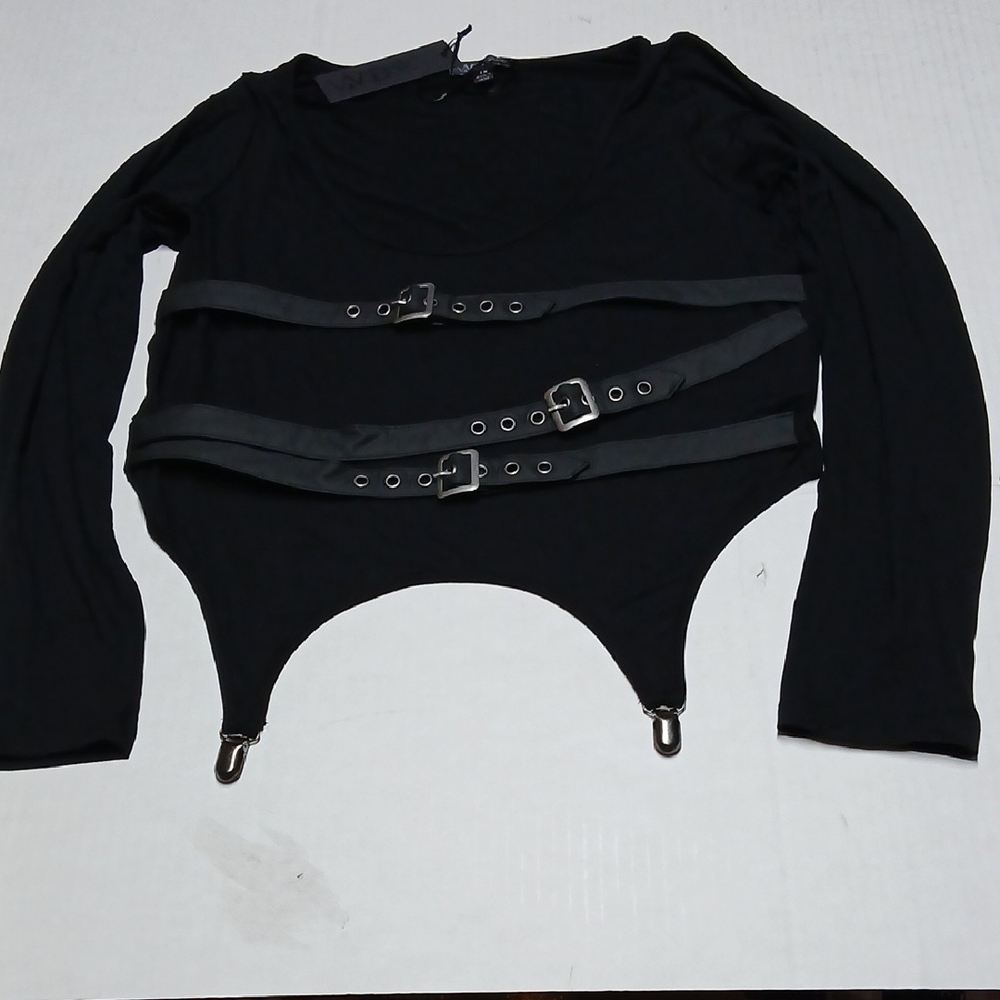 Dolls Kill Widow Bound To Love Black Long Sleeve Top w/ Buckle Straps 1X Bondage